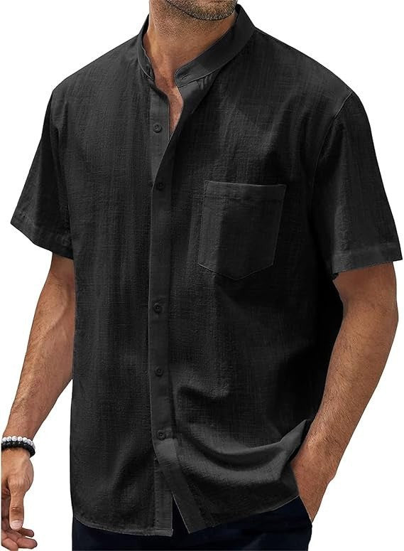 Men's short-sleeve shirt with modern standing collar and practical chest pocket Lisslune 1759193085