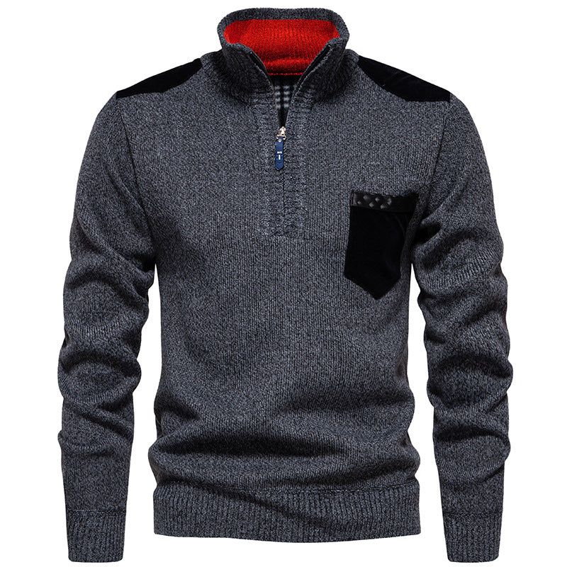 Men's Stand Collar Sweater with Contrasting Details and Practical Pockets Lisslune