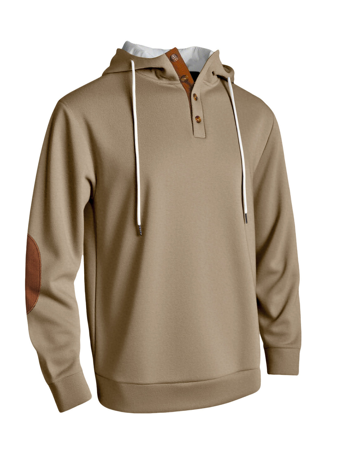 Men's hooded sweatshirt with modern button placket design and reinforced elbow patches Lisslune