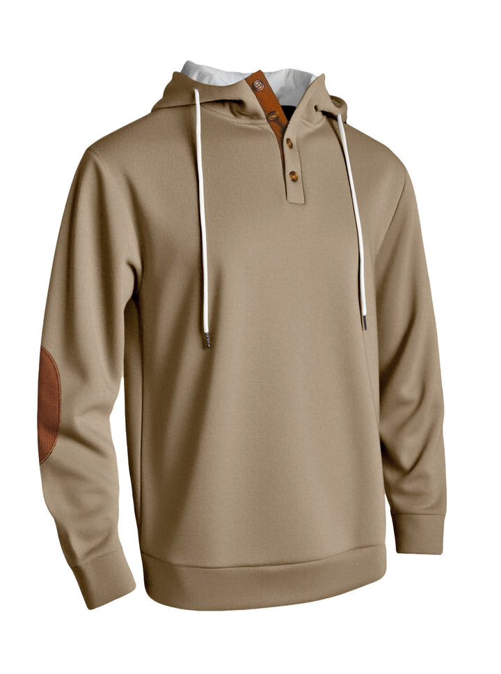 Men's hooded sweatshirt with modern button placket design and reinforced elbow patches Lisslune