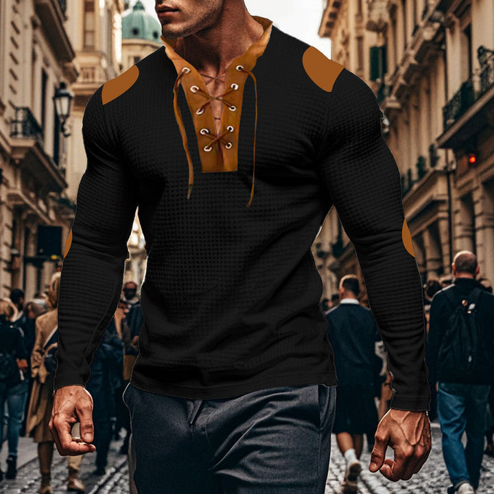 Men's long-sleeve Henley shirt with decorative lacing design Lisslune