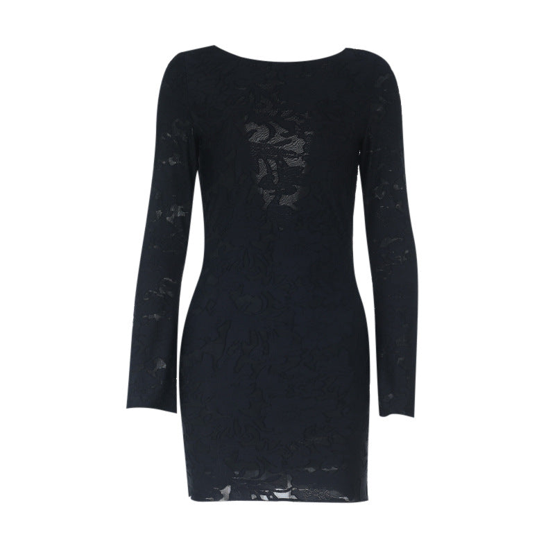 Women’s lace mini dress with deep back neckline and sophisticated sleeves Lune London