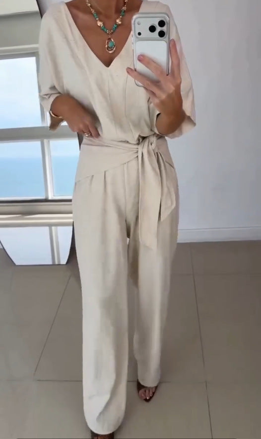 Women Elegant Jumpsuit with Tailored Cut and Wrap Belt Lisslune