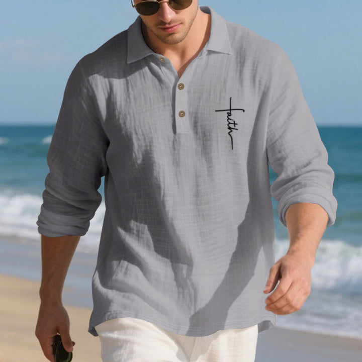 Men's long-sleeve polo shirt with textured fabric and stylish button placket Lisslune