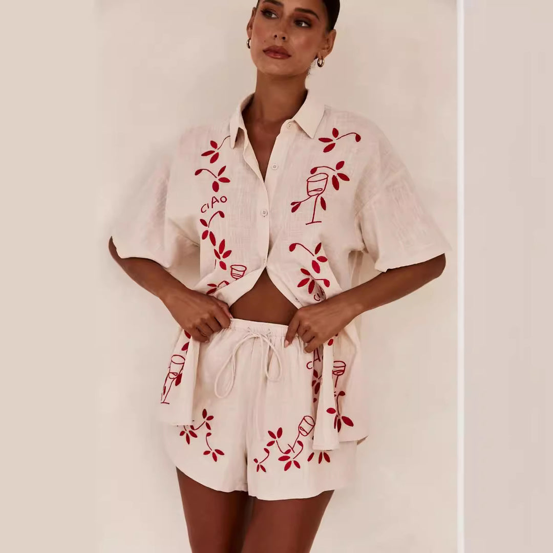Women's Airy Short Sleeve Shirt and Shorts Set with Floral Embroidery Design Lune London