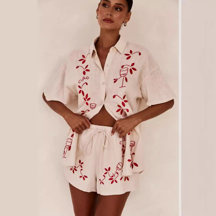 Women's Airy Short Sleeve Shirt and Shorts Set with Floral Embroidery Design Lune London