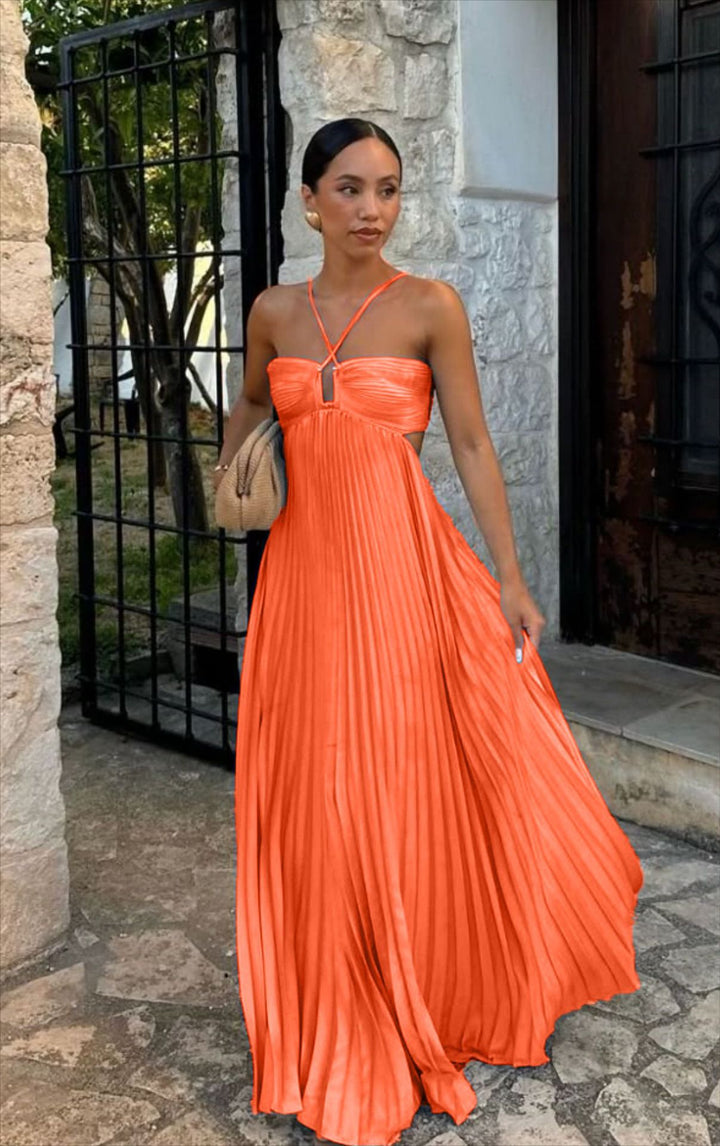 Women's pleated dress with off-the-shoulder design and refined strap details