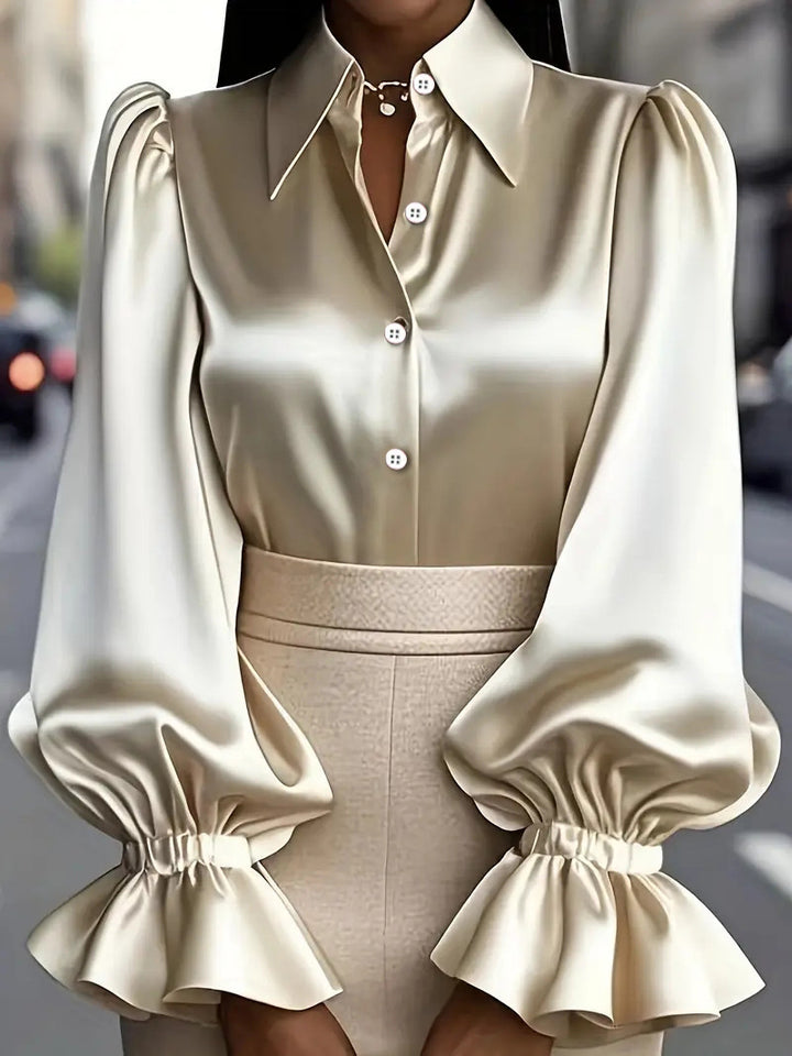 Damen elegante Seidenbluse mit Puffärmeln und schicker Knopfleiste Lisslune