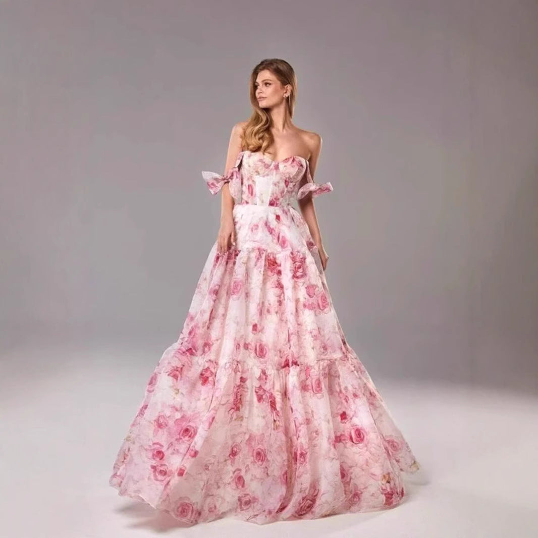 Women Elegant Maxi Dress with Floral Details and Ruffled Straps Lisslune