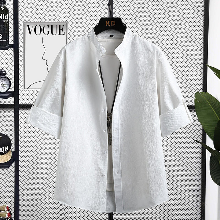 Men's Nice Long Sleeve Shirt with Modern Stand-Up Collar and Textured Fabric Lisslune