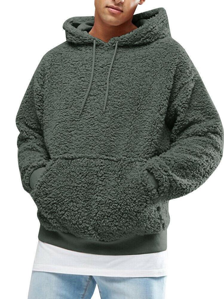 Men's Casual Teddy Fleece Hoodie with Practical Kangaroo Pockets and Adjustable Drawstring Lisslune