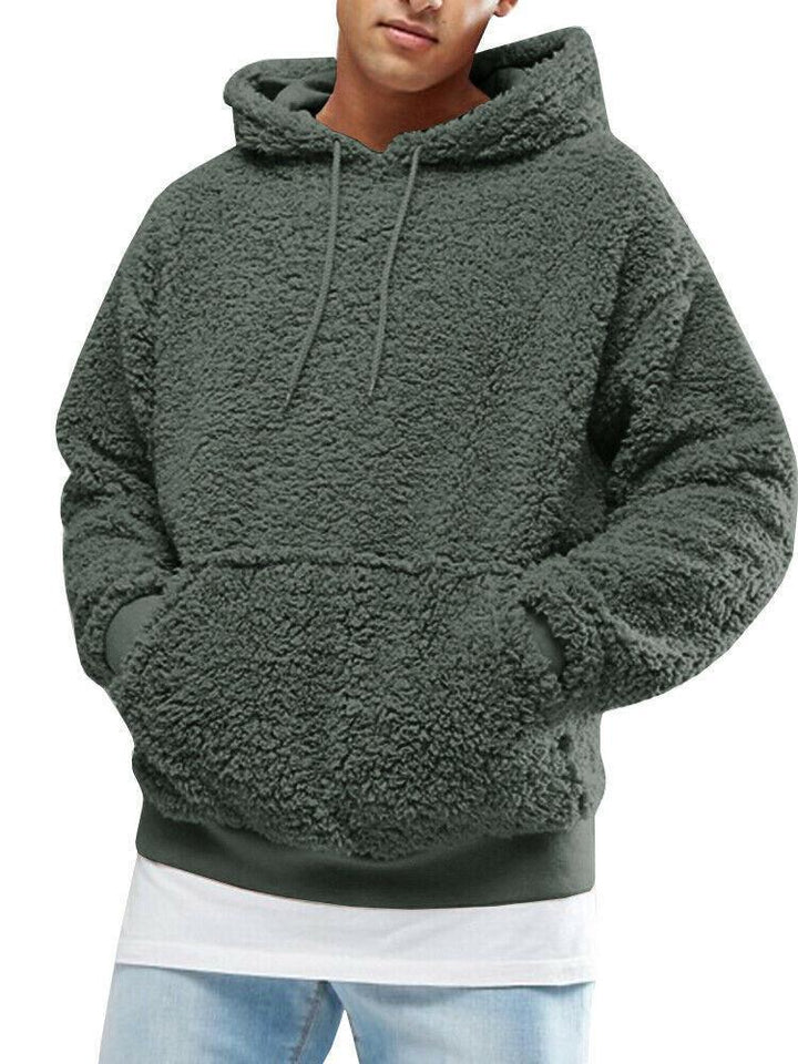 Men's Casual Teddy Fleece Hoodie with Practical Kangaroo Pockets and Adjustable Drawstring Lisslune
