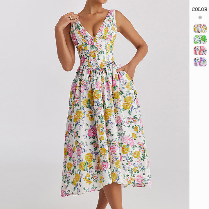 Ladies midi dress with floral accents and fitted top