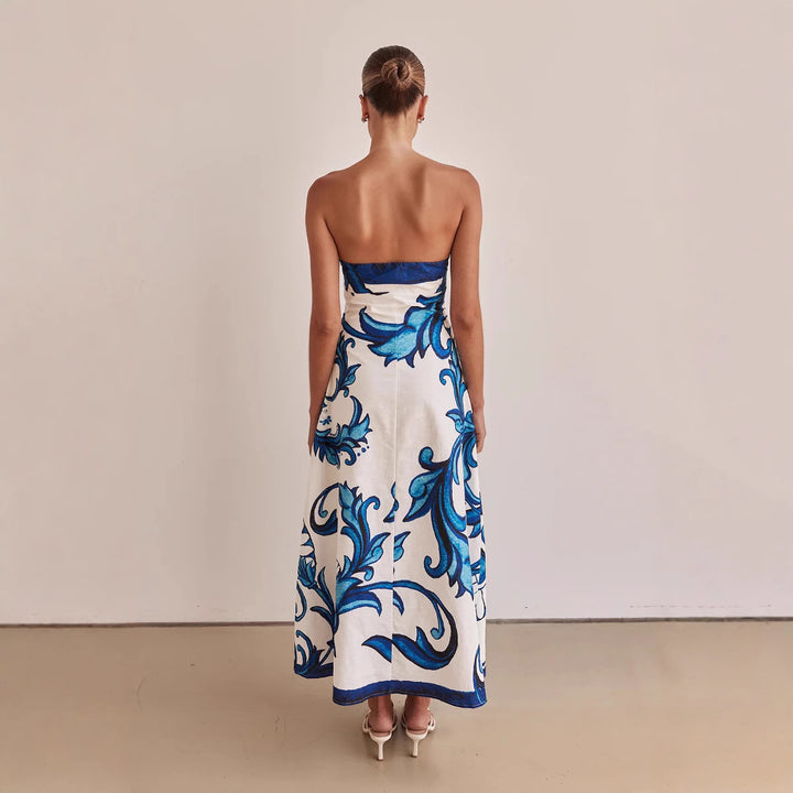 Women’s Strapless Maxi Dress with Floral Design and Elegant A-Line Cut