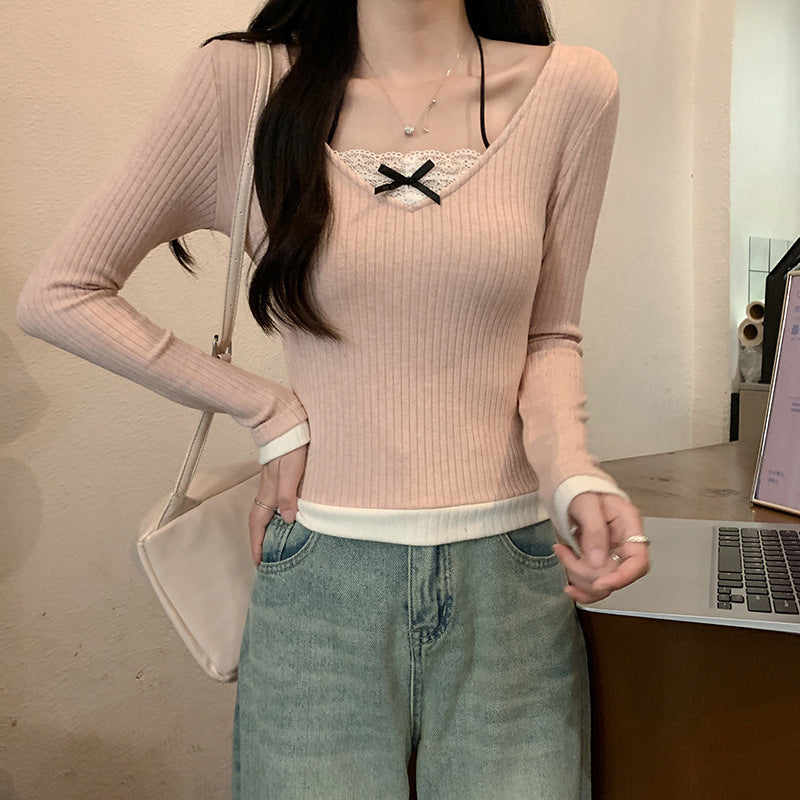 Women's long-sleeve shirt with V-neck and lace accents Lisslune