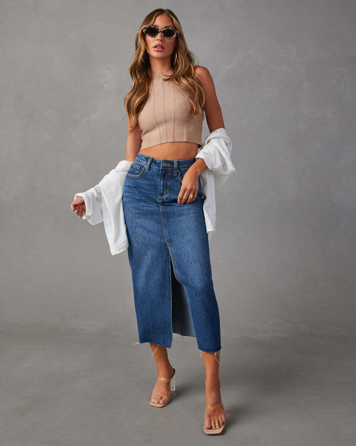 Women's high-cut denim mid skirt with side slit and frayed hems Lisslune