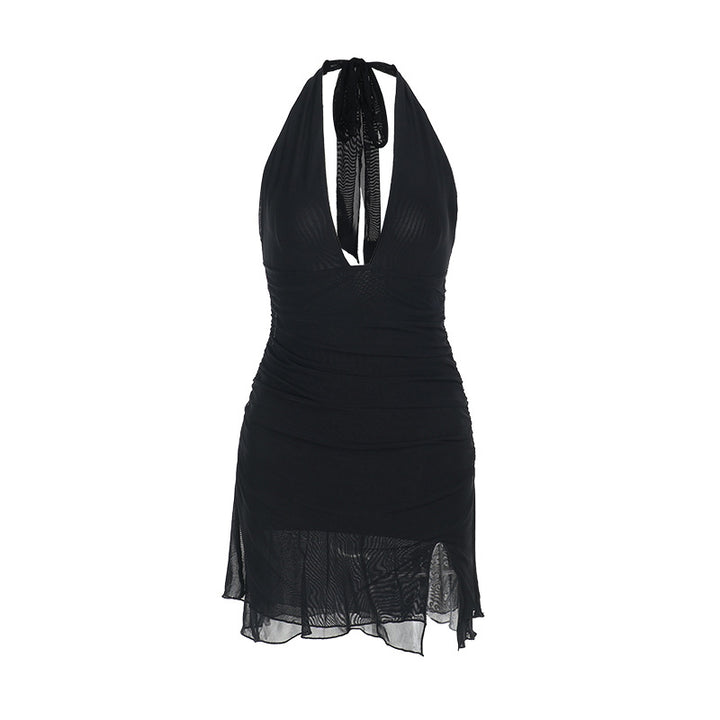 Women's Halterneck Mini Dress with Deep V-Neck and Side Slit Lune London