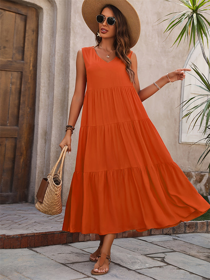 Damen Elegantes Sommer-Maxi-Kleid mit voluminösem Rock und V-Ausschnitt Lisslune