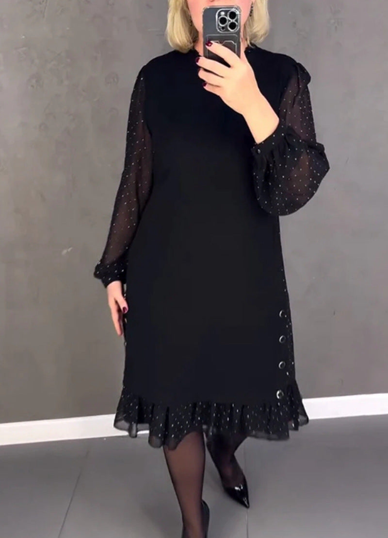 Ladies Elegant Dress with Voluminous Sleeves and Cut-Out Hem Lisslune