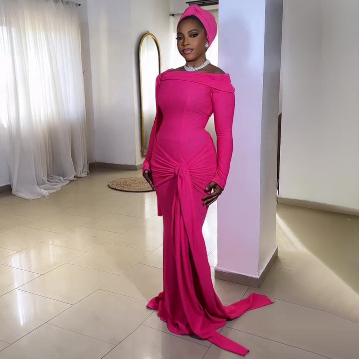 Women Elegant Long Sleeve Dress with Asymmetrical Draping and Bow Accent