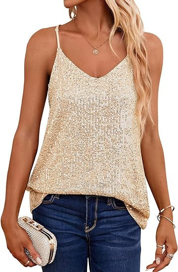 Women's Sparkling Spaghetti Strap Top with V-Neck and Shimmering Details Lisslune