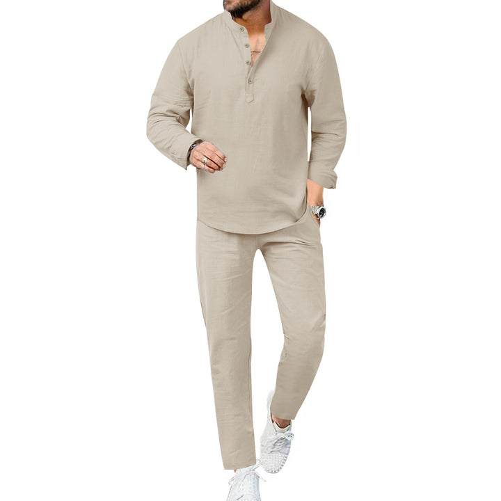 Men's modern leisure suit set with innovative button placket design and breathable properties Lisslune