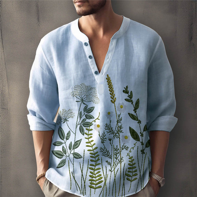 Men's linen shirt with elaborate plant embroidery Lisslune