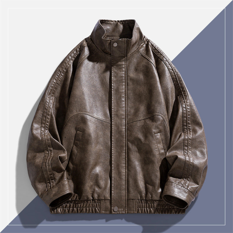 Men's Casual Synthetic Leather Jacket with High Collar and Elastic Hem Lisslune
