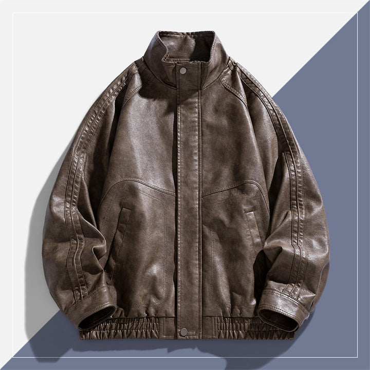 Men's Casual Synthetic Leather Jacket with High Collar and Elastic Hem Lisslune