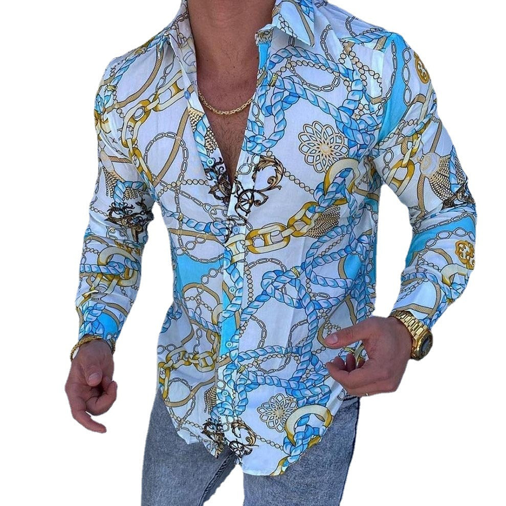 Men's Long Sleeve Shirt with Eye-Catching Chain Pattern and Stylish Cut Lisslune