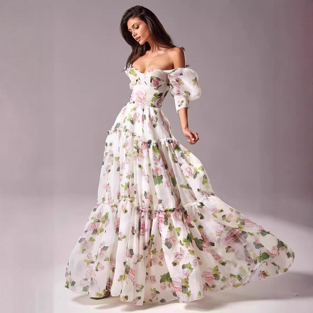 Women's Elegant Maxi Dress with Off-the-Shoulder Ruffle Sleeves and Floral Accents