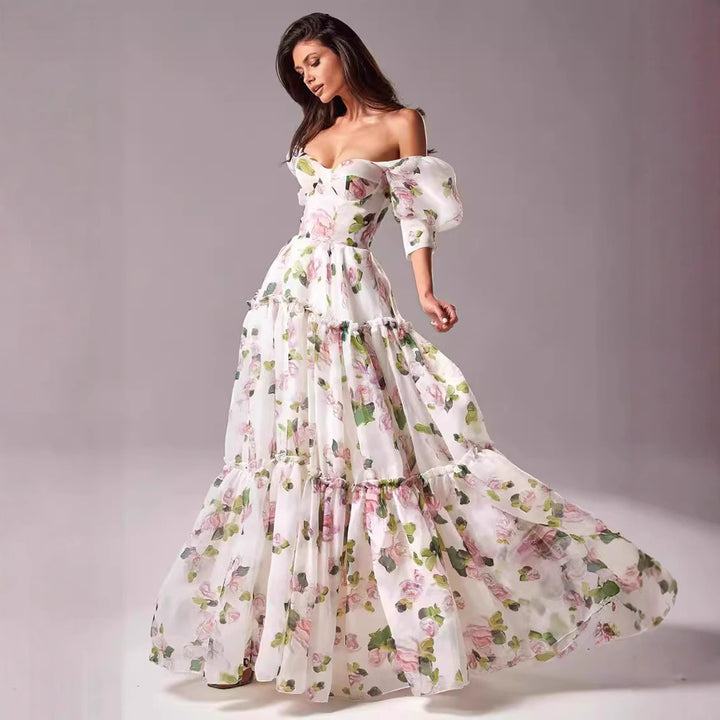 Women's Elegant Maxi Dress with Off-the-Shoulder Ruffle Sleeves and Floral Accents