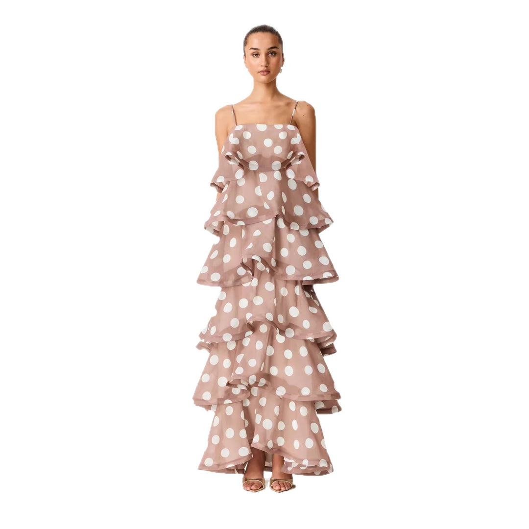 Ladies maxi dress with playful ruffles and dots Lune London