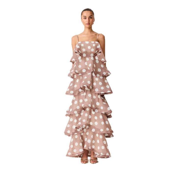 Ladies maxi dress with playful ruffles and dots Lune London