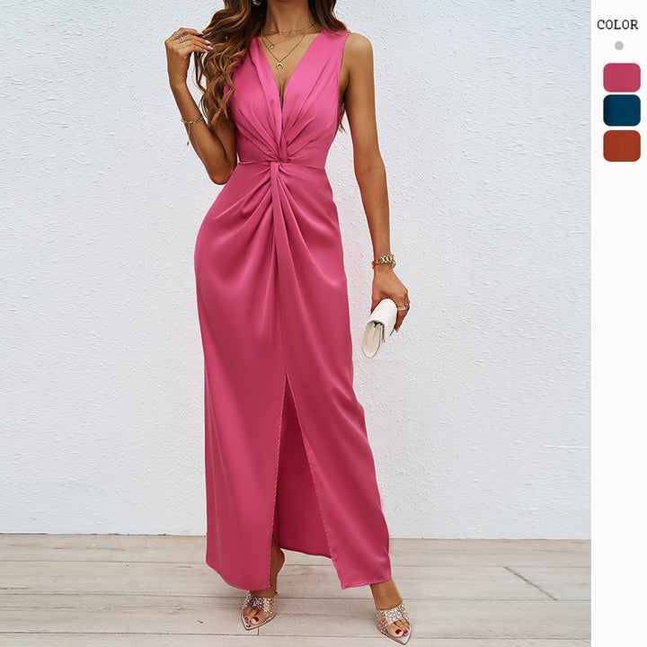 Women's Elegant Evening Dress with Deep V-Neck and Refined Draping