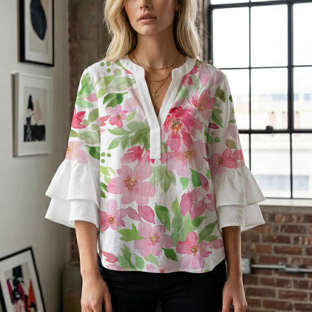 Ladies blouse with voluminous ruffled sleeves and floral print Lisslune