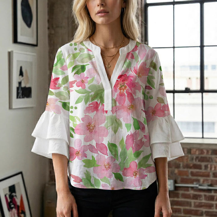 Ladies blouse with voluminous ruffled sleeves and floral print Lisslune