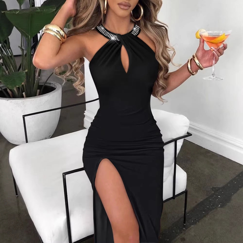Damen Elegantes Schlauchkleid mit Strassdetails und sexy Beinschlitz Lisslune