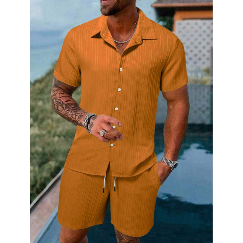 Men's short-sleeve leisure suit with textured design and elastic waistband Lisslune