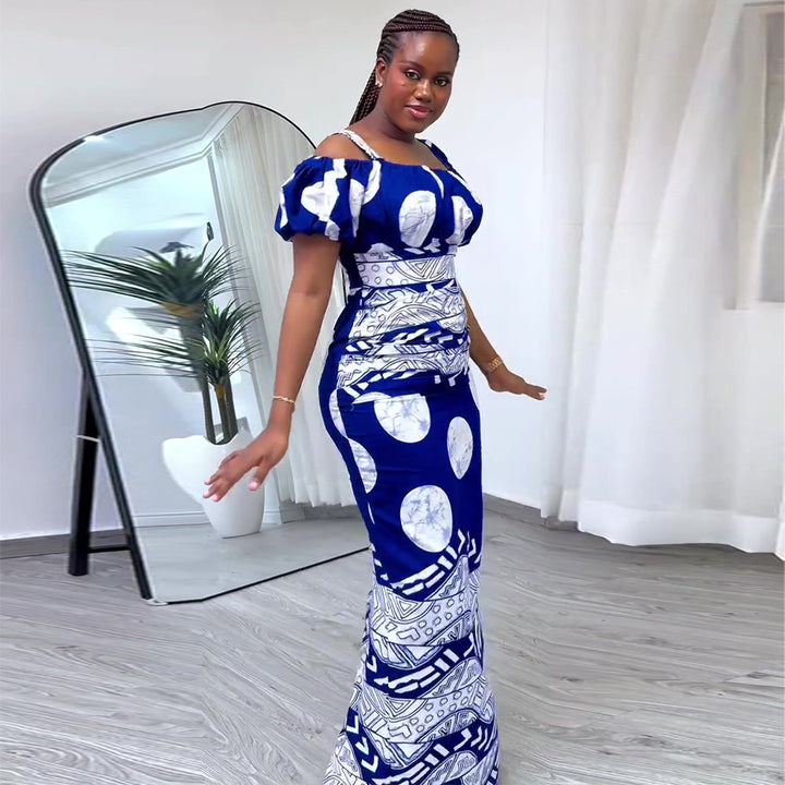 Women's maxi dress with voluminous puff sleeves and graphic pattern Lisslune