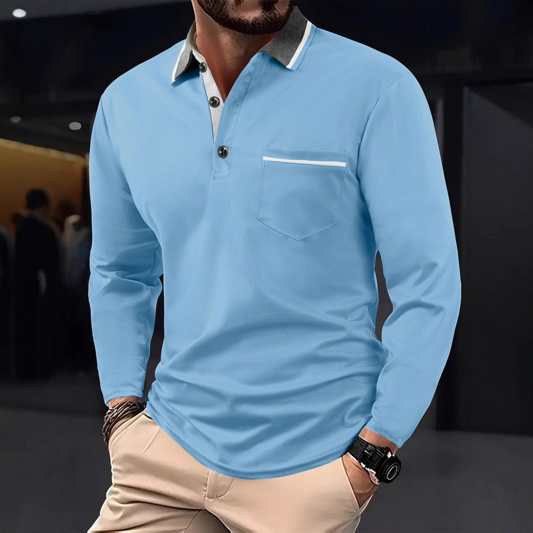 Men's Long Sleeve Polo Shirt with Textured Collar and Chest Pocket Lisslune