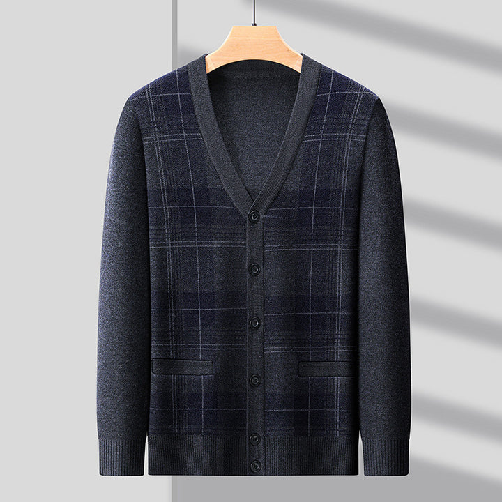 Men's Fashionable Cardigan with Classic Check Pattern and Button Placket Lisslune