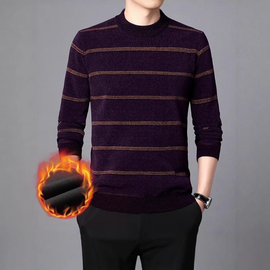 Men's elegant crew neck sweater with fine stripe pattern and warming inner lining Lisslune