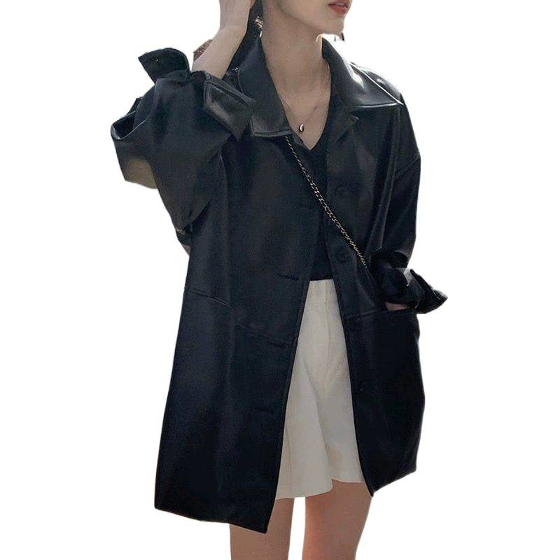 Women's fashionable leather jacket in oversized style with classic collar and decorative buttons Lisslune
