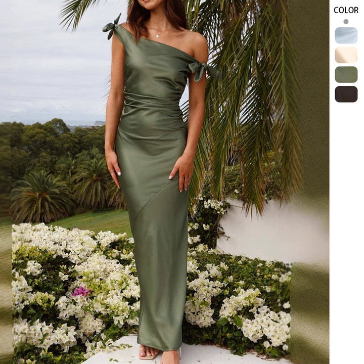 Women’s evening dress with off-the-shoulder design and ruffle detail