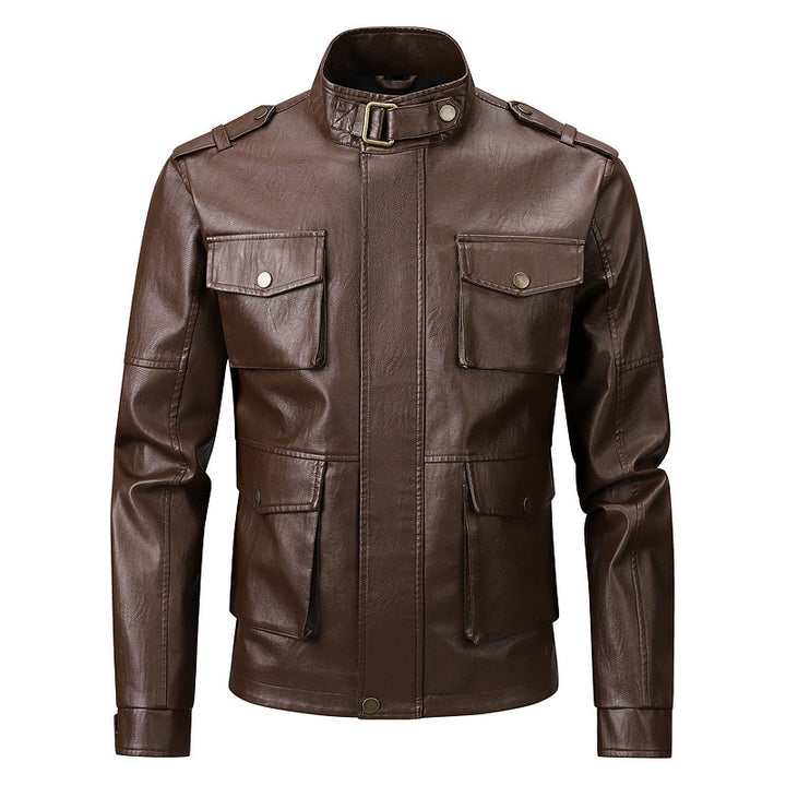 Men's military jacket made of synthetic leather with practical pockets and high collar Lisslune