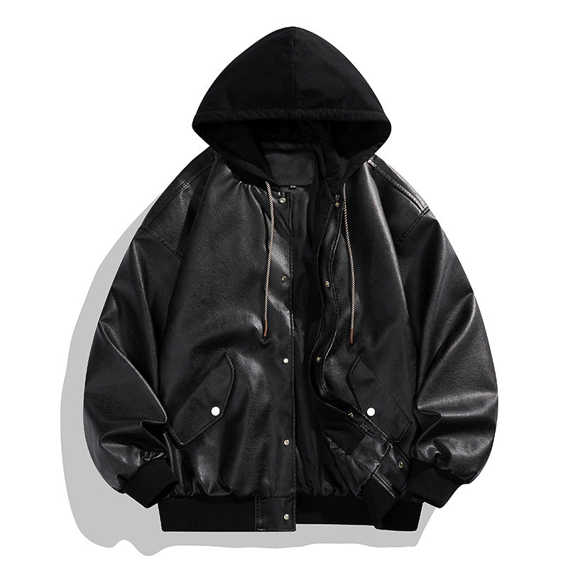 Men's Casual Synthetic Leather Jacket with Hood and Elastic Cuffs Lisslune