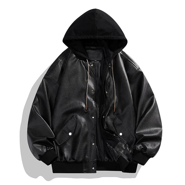 Men's Casual Synthetic Leather Jacket with Hood and Elastic Cuffs Lisslune