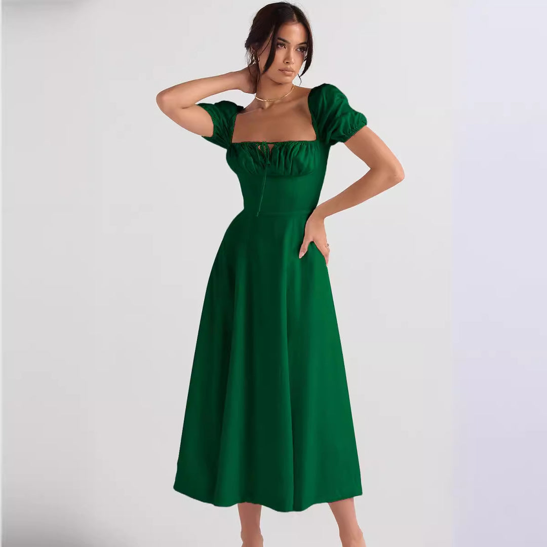 Women's midi dress with gathered bodice and flared skirt