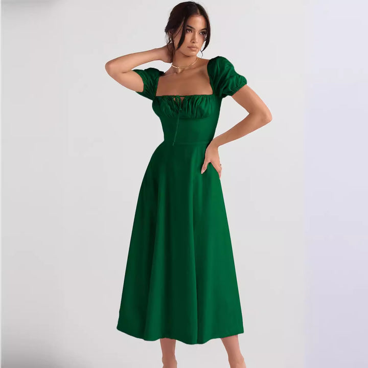 Women's midi dress with gathered bodice and flared skirt